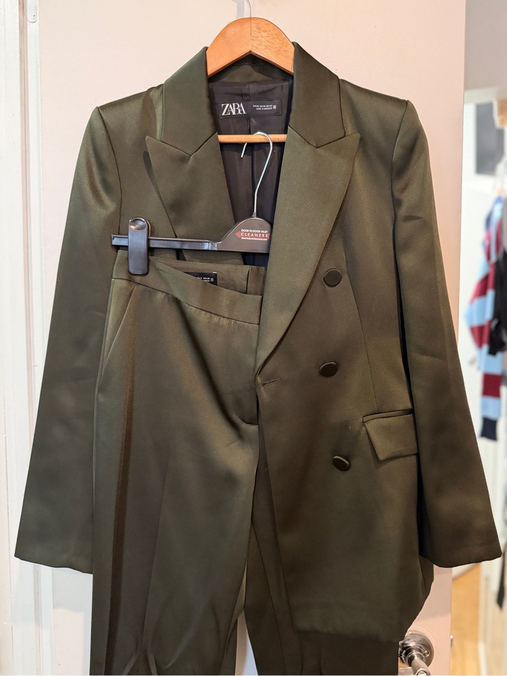 Zara Dark Olive Satin Double-Breasted Suit Set XS/S